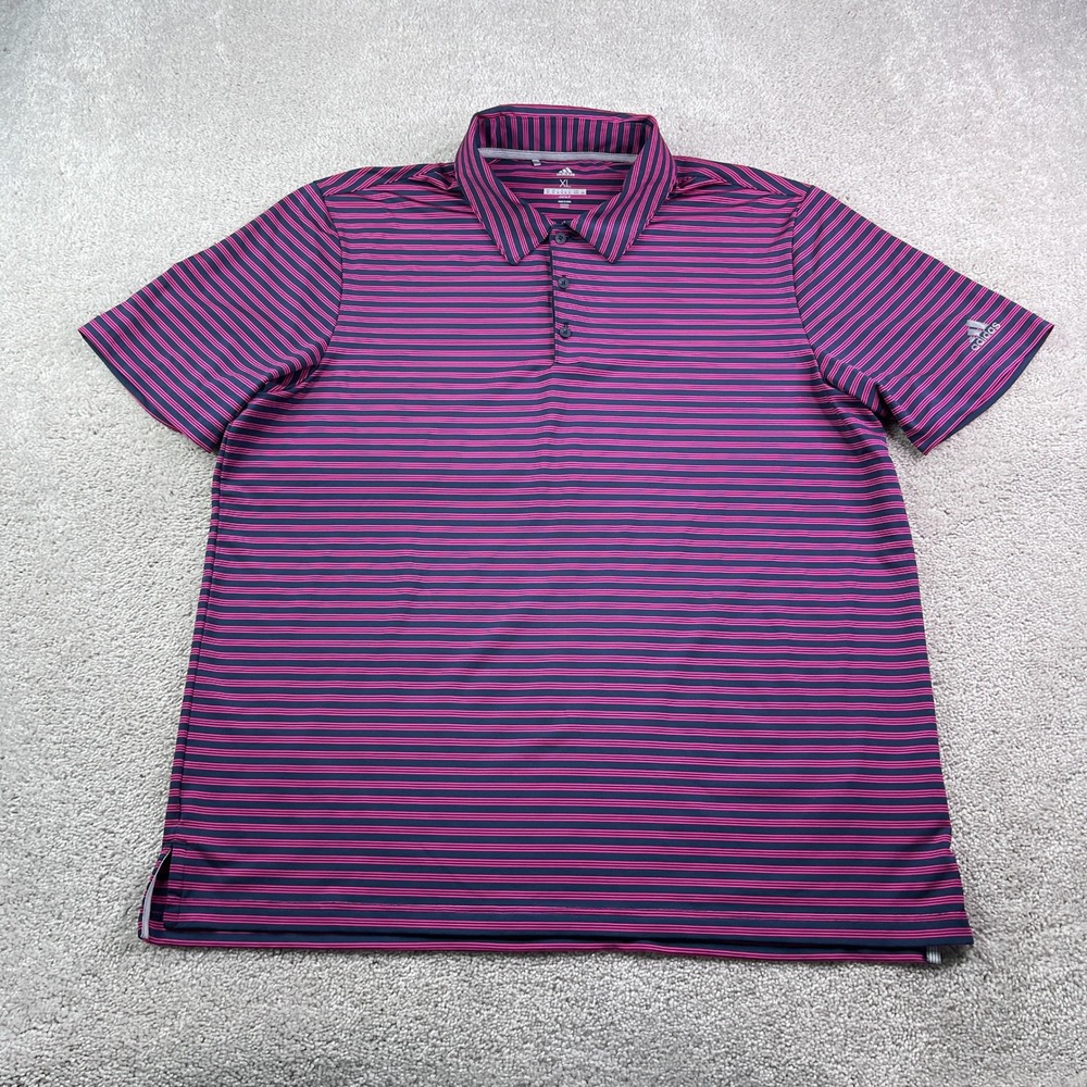 Adidas Polo Shirt Mens XL Blue Pink Stripes Golf Performance Stretch Athletic